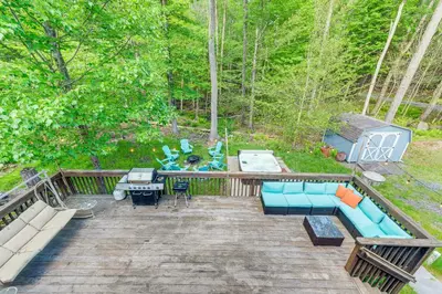 an aerial view of a backyard with a pool at Less Than 1 Mi to Ski Hill! Poconos Retreat with Game Room in Pocono Lake