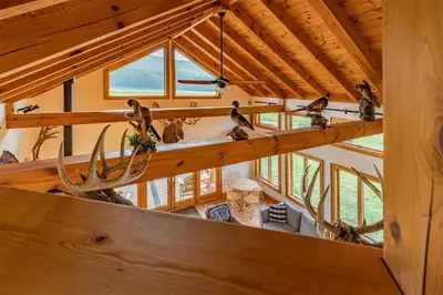 a view from the loft of a cabin with antlers and birds at Tenwood Lodge in Ithaca