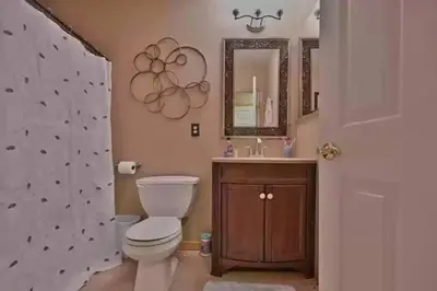 a bathroom with a toilet and a sink and a mirror at Cheerful 5-bedroom resort with heated pool in East Stroudsburg