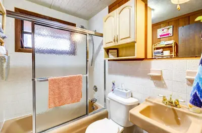a bathroom with a shower and a toilet and a sink at Pet-Friendly Home with Deck at Big Bass Lake! in Gouldsboro