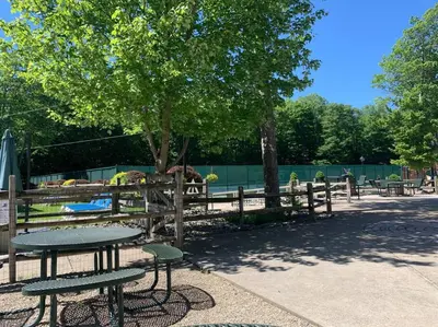 a picnic table and chairs in front of a wooden fence at Stylish and Cozy Cabin, Walking Distance to Big Bass Lake in Gouldsboro