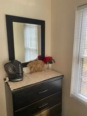 a dresser with a mirror on top of it at Peaceful Seasonal Wooded Cottage close to everything in Tafton