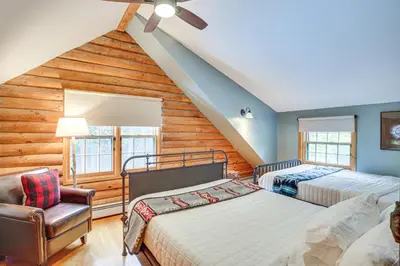 a bedroom with two beds and a ceiling fan at Accord Vacation Rental with Pool and Hot Tub! in Accord