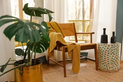 a living room with a chair and a plant at Lake Naomi Chalet - 2hrs from NYC in Pocono Pines