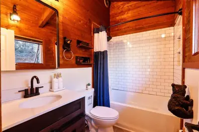 a bathroom with a toilet and a sink and a tub at Poconos Pool Paradise in East Stroudsburg