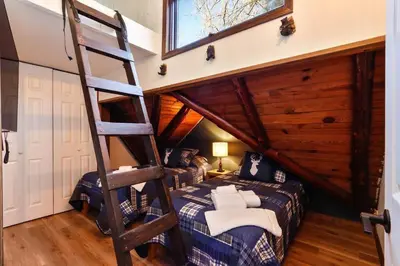 a bedroom with a bunk bed and a ladder at Poconos Pool Paradise in East Stroudsburg