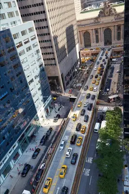 an aerial view of a busy city street with cars at The Prince Kitano New York in New York