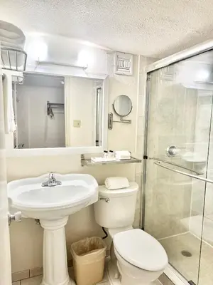 a bathroom with a sink and a toilet and a shower at Executive Inn - Fort Lee in Fort Lee