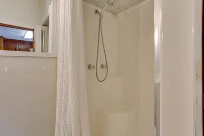 a shower in a bathroom with a shower curtain at Scenic Home on the Delaware River, Pet-Friendly! in Starlight