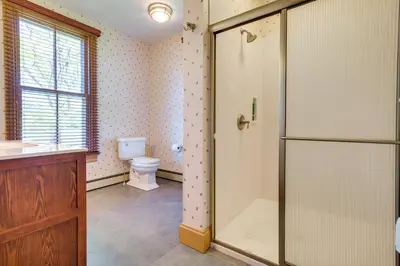 a bathroom with a shower and a toilet at Rustic Wellsville Home - 5 Mi to Roundtop Mountain in Wellsville