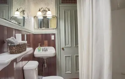 a bathroom with a toilet and a sink and a mirror at Shamokin Bed and Breakfast in Shamokin