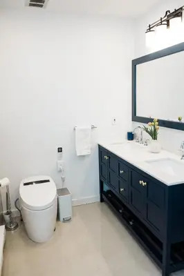 a bathroom with a toilet and a sink and a mirror at Cowry Acres - 11 Acre Enchanted Retreat, Hot Tub in New Hope